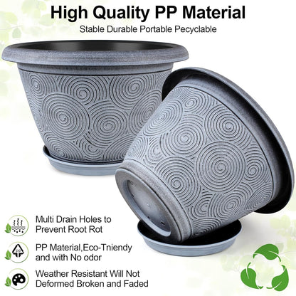 Fodetyff 8 Inch Flower Pots Planters for Indoor Outdoor Plants, 4 Pack Plastic Small Plant Pots with Drainage Hole & Tray, Modern Decorative Garden Pot with Saucer, Plant Container for House