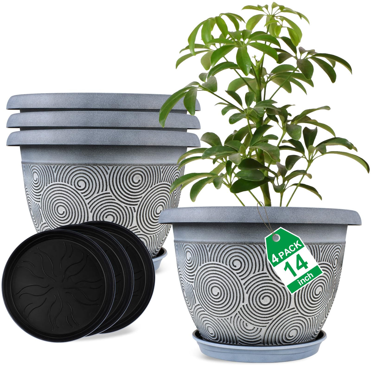 Fodetyff 8 Inch Flower Pots Planters for Indoor Outdoor Plants, 4 Pack Plastic Small Plant Pots with Drainage Hole & Tray, Modern Decorative Garden Pot with Saucer, Plant Container for House