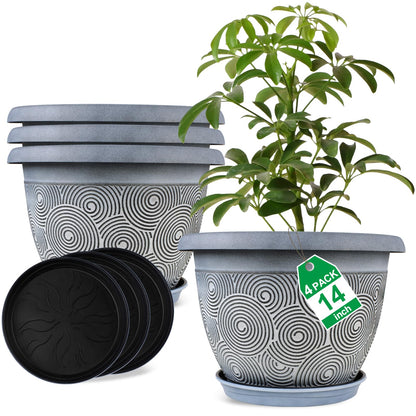 Fodetyff 8 Inch Flower Pots Planters for Indoor Outdoor Plants, 4 Pack Plastic Small Plant Pots with Drainage Hole & Tray, Modern Decorative Garden Pot with Saucer, Plant Container for House