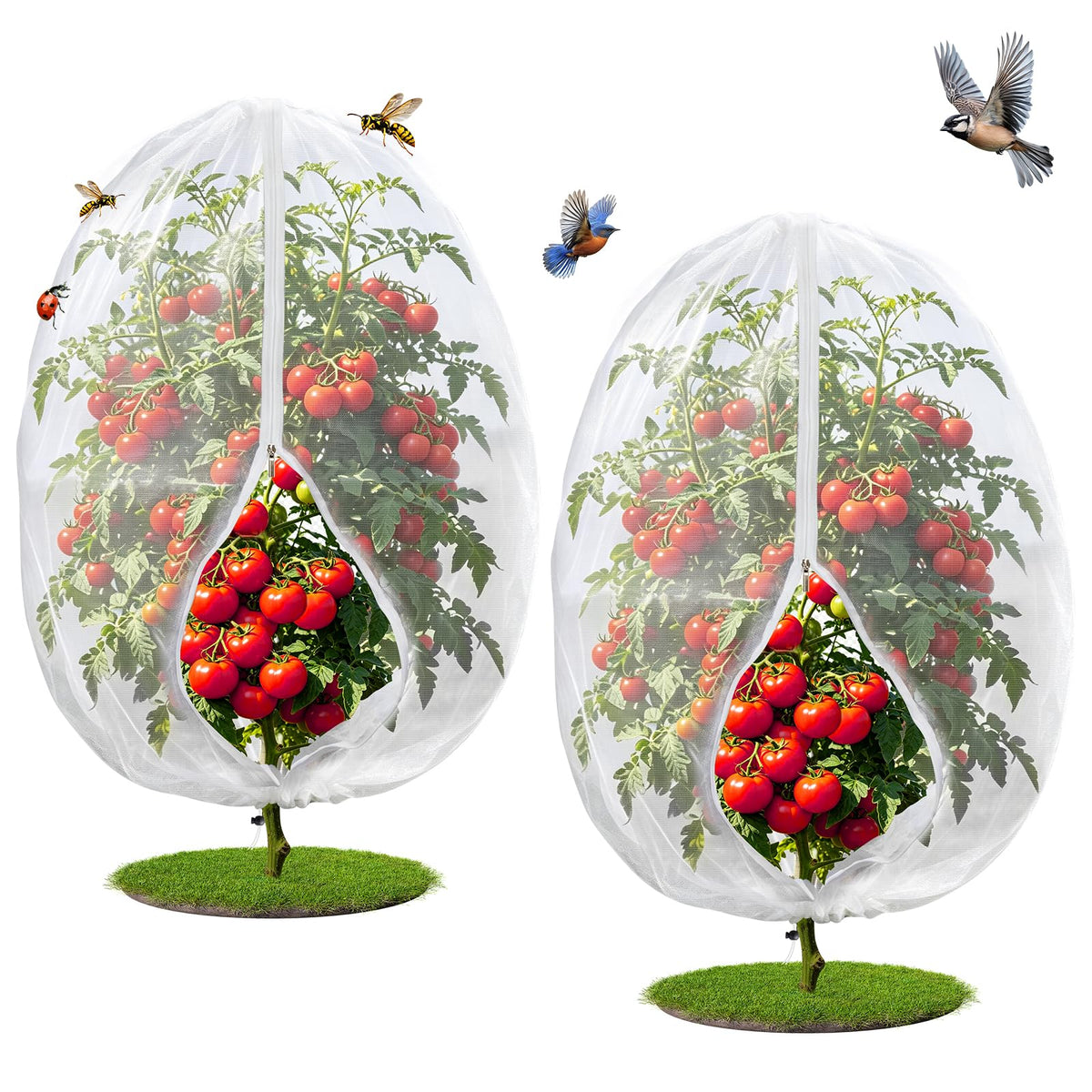 4PCS 2.7Ft × 3.3Ft Fruit Tree Netting with Zipper and Drawstring, 60 Mesh Thickened Garden Bird Netting for Blueberry Bushes, Fruits, Vegetables, Insect Bird Barrier Mesh Protective Cover