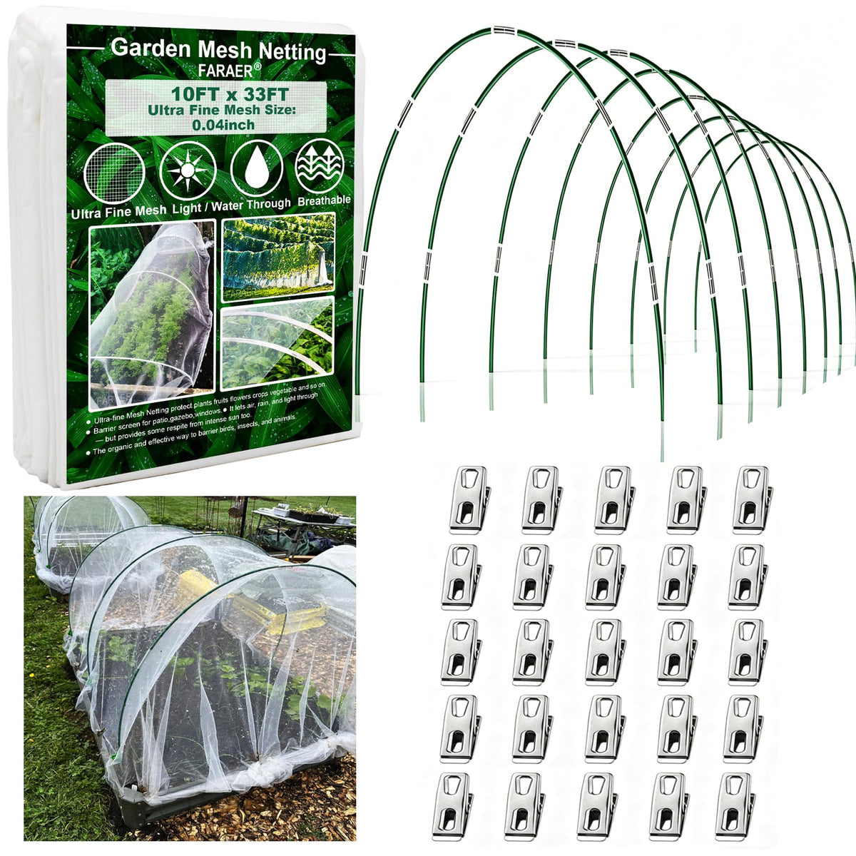 Garden Netting Kit for Raised Beds,6set Garden Hoops,10x33ft Insect Netting