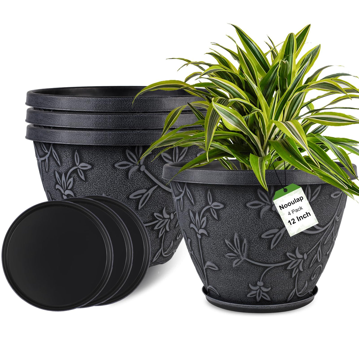 Nooulap 4 Pack 10 Inch Flower Pots, Plastic Outdoor Planters, Gray