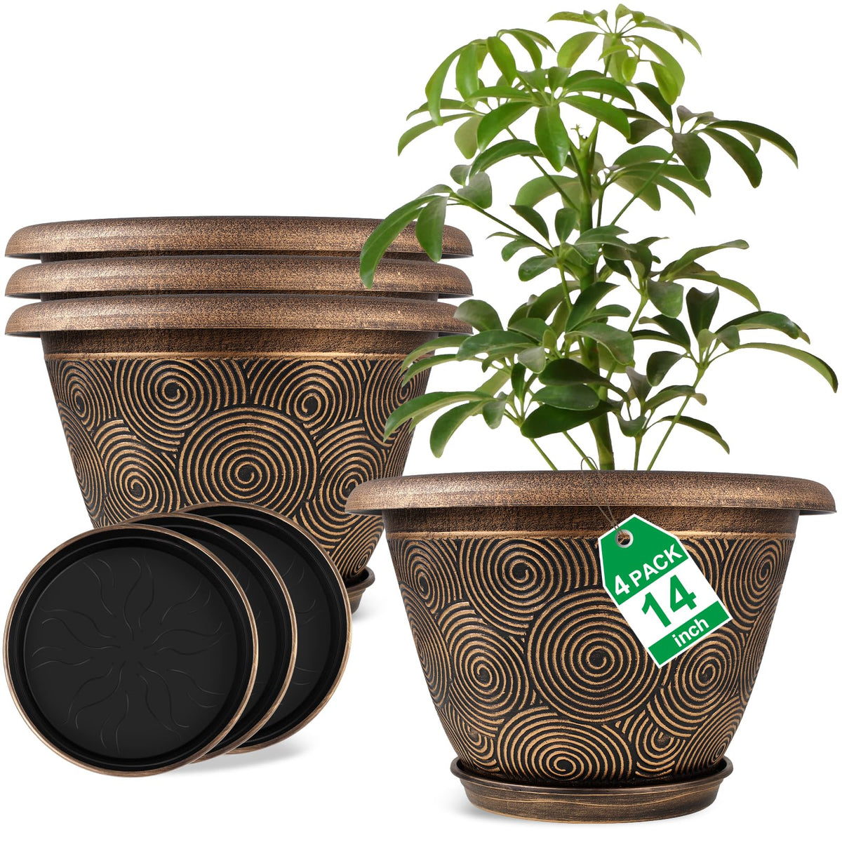 Fodetyff 8 Inch Flower Pots Planters for Indoor Outdoor Plants, 4 Pack Plastic Small Plant Pots with Drainage Hole & Tray, Modern Decorative Garden Pot with Saucer, Plant Container for House
