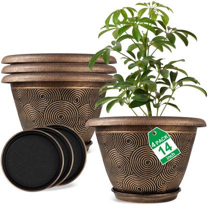 Fodetyff 8 Inch Flower Pots Planters for Indoor Outdoor Plants, 4 Pack Plastic Small Plant Pots with Drainage Hole & Tray, Modern Decorative Garden Pot with Saucer, Plant Container for House