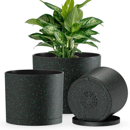 Plant Pots, 10/9/8 Inch 3 Pack Cylindrical Flower Pots with Drainage Holes and Saucers, Plastic Planters for Outdoor Indoor Plants,Black