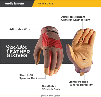 Wells Lamont Women's Breathable ComfortHyde Leather Hybrid Work Gardening Gloves, Small (7872S), Red