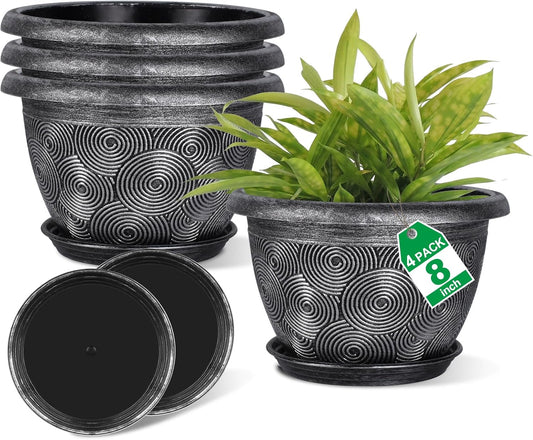 8-Inch-Plastic -Pots-for -Plant with Saucer, 4 Pack Outdoor Planters with Drainage Holes, Decorative Flower Pots for Indoor Plants, Modern 3D Swirl Silver Plant Pots with with Removable Tray
