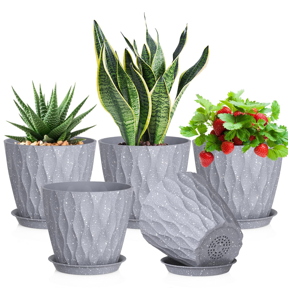 Meowell 7/6.5/6/5.5/5/4.5/4 inch Plant Pots for Indoor Outdoor Plants, 7 Pack Thick Flower Pots with Drainage Holes and Saucers, Modern Wave Texture Small Plastic Planters Nursery Pots, Multicolor