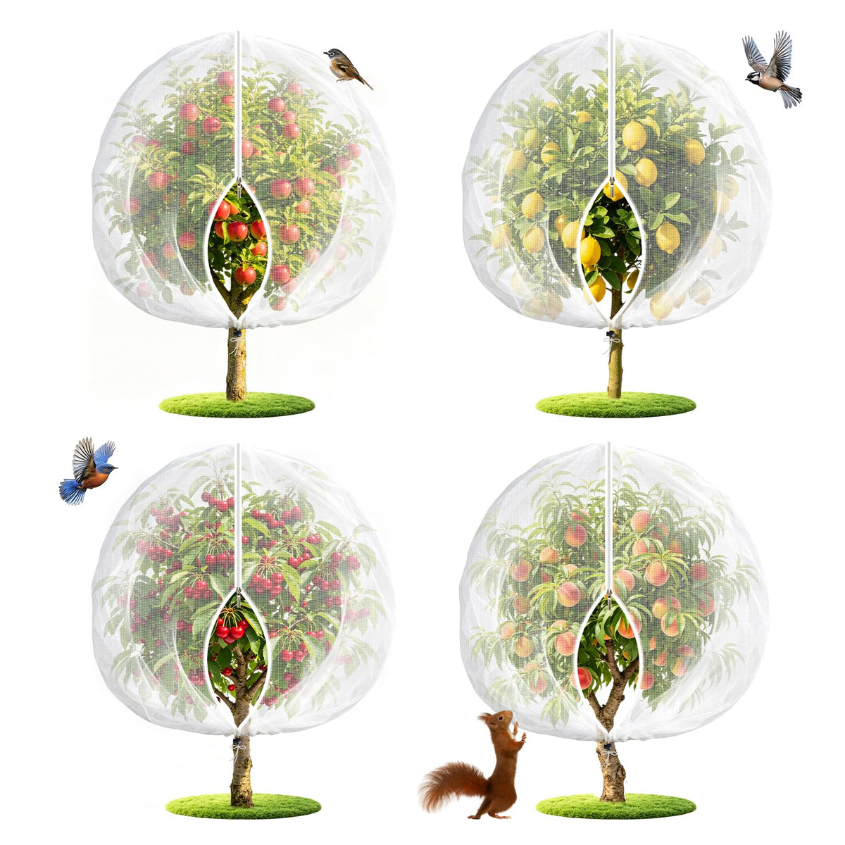 4PCS 2.7Ft × 3.3Ft Fruit Tree Netting with Zipper and Drawstring, 60 Mesh Thickened Garden Bird Netting for Blueberry Bushes, Fruits, Vegetables, Insect Bird Barrier Mesh Protective Cover