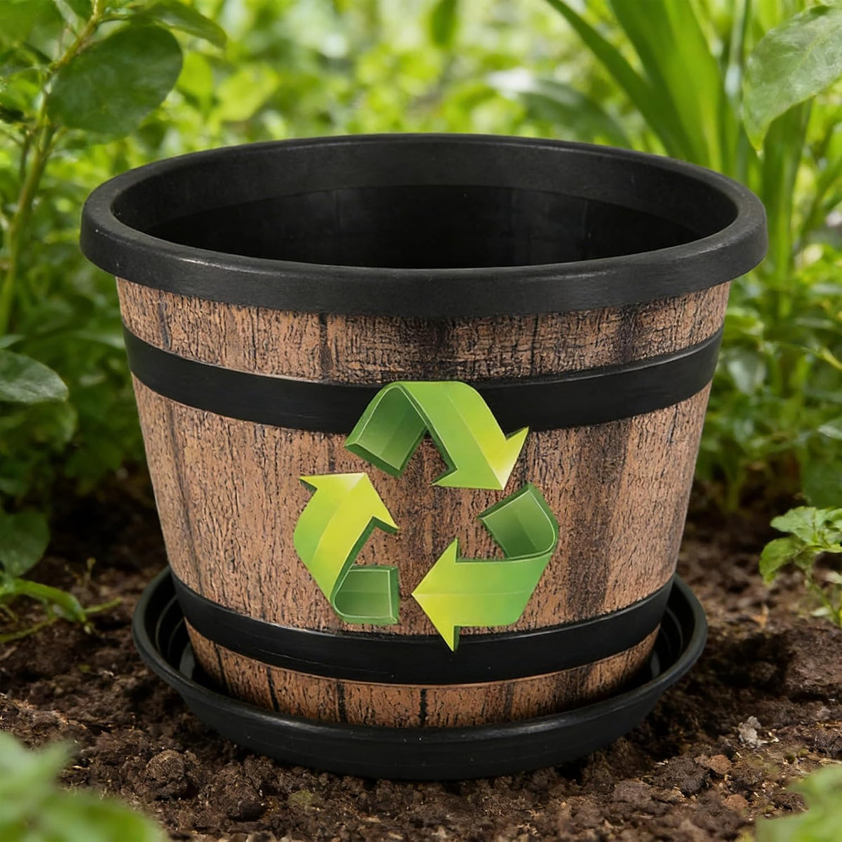Whiskey Barrel Planters 12 Inch, 5 Pack Plastic Pots with Wood Design