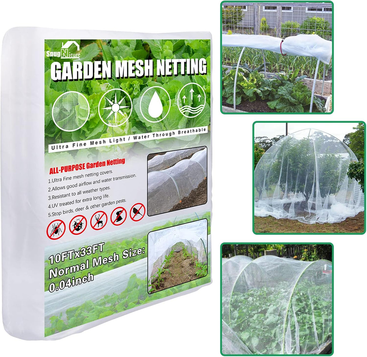 SnugNiture Garden Netting 10x33FT Ultra Fine Mesh Mosquito Net Plant Covers, White Bird Netting Barrier Greenhouse Row Cover Protect Fruits Flower Vegetables from Birds Deer & Squirrels