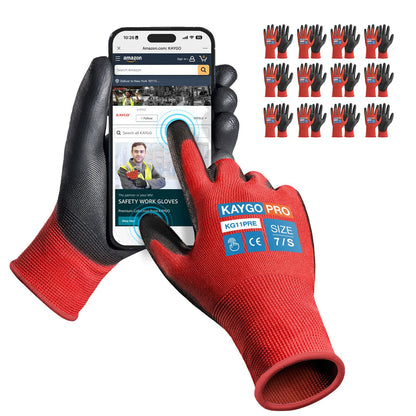 KAYGO Safety Work Gloves for Men Women, PU Coated Palm & Fingers, KG11P