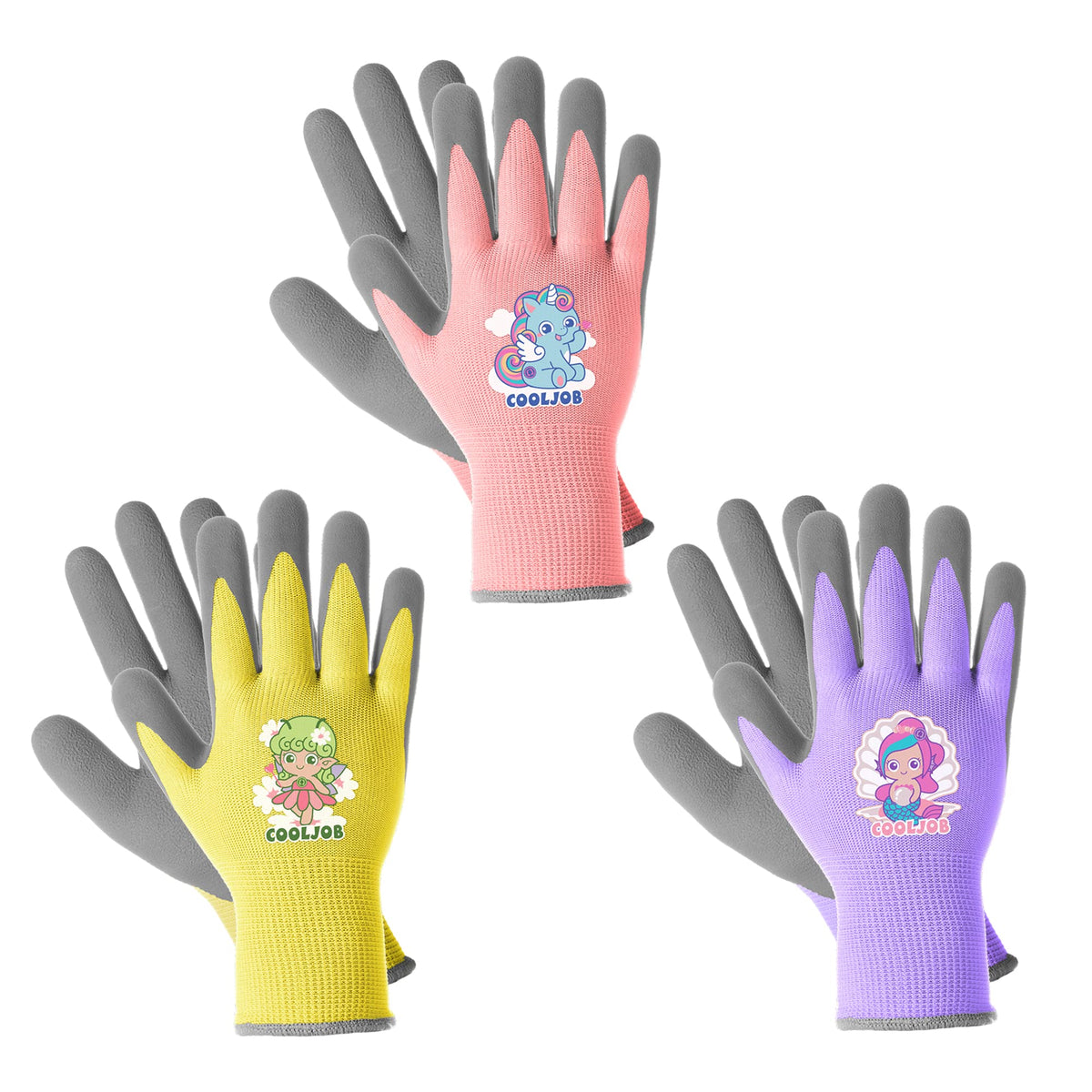 COOLJOB 3 Pairs Kids Gardening Gloves for Age 3-5, Children Grippy Rubber Coated Garden Work Gloves, Orange & Green & Yellow, Small Size (3 Pairs S)