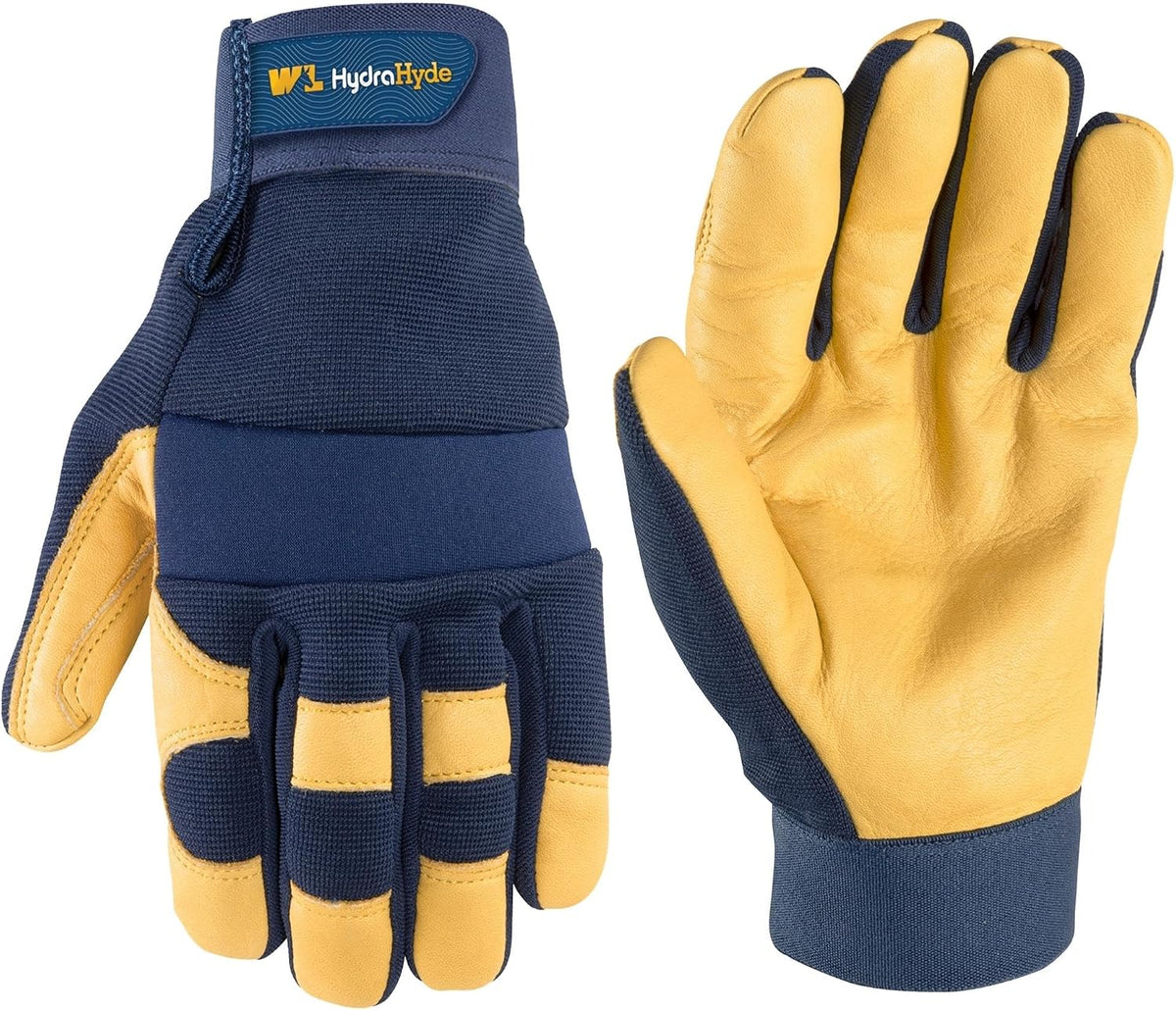 Wells Lamont Men's Leather Palm Work Gloves – HydraHyde Water-Resistant Leather, Flexible Spandex Back, Adjustable Closure