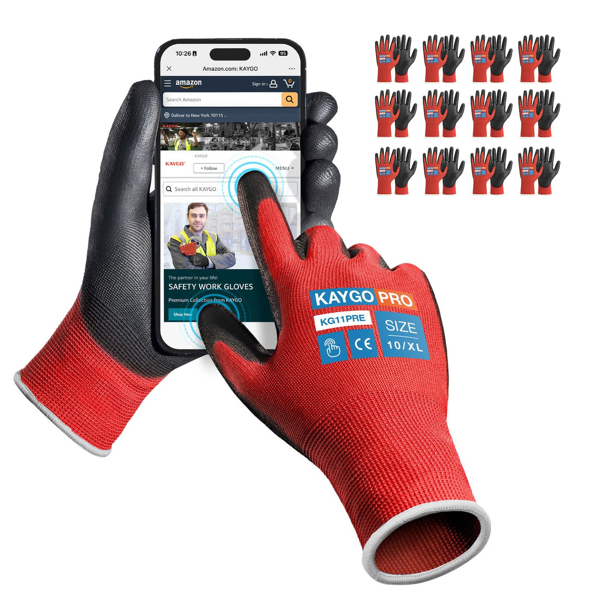 KAYGO Safety Work Gloves for Men Women, PU Coated Palm & Fingers, KG11P