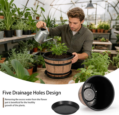 Whiskey Barrel Planters 12 Inch, 5 Pack Plastic Pots with Wood Design