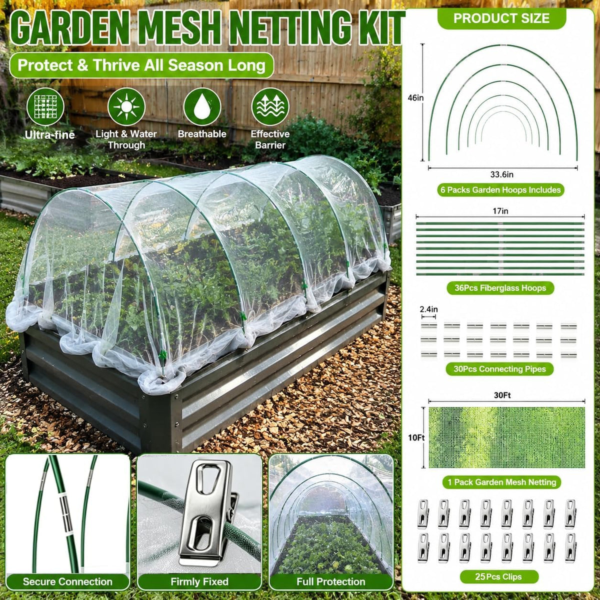 Garden Netting Kit for Raised Beds,6set Garden Hoops,10x33ft Insect Netting