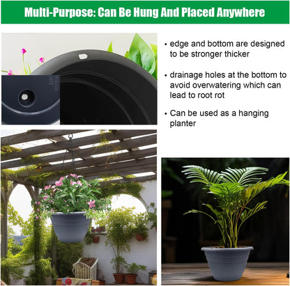 RooTrimmer 5 Pack 10 Inch Plant Pots for Indoor Outdoor,Plastic Floor Planters with Drainage Holes,Lightweight Flower Pots for Home,Patio & Garden(Grey)