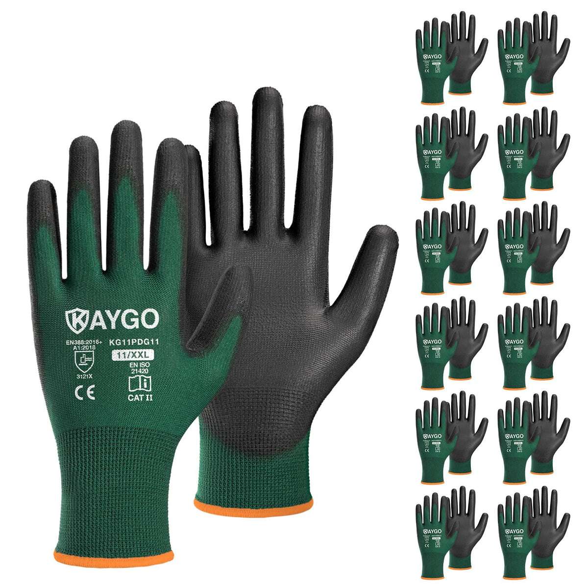 KAYGO Safety Work Gloves for Men Women, PU Coated Palm & Fingers, KG11P