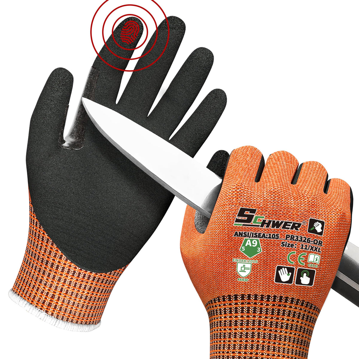 Schwer ProGuard High Level Cut Resistant Work Gloves for Extreme Protection, ANSI A9 Cut Gloves with Reinforced Thumb, Non Slip, Breathable, Durable, Touch-screen, Black 1 Pair（L 3326