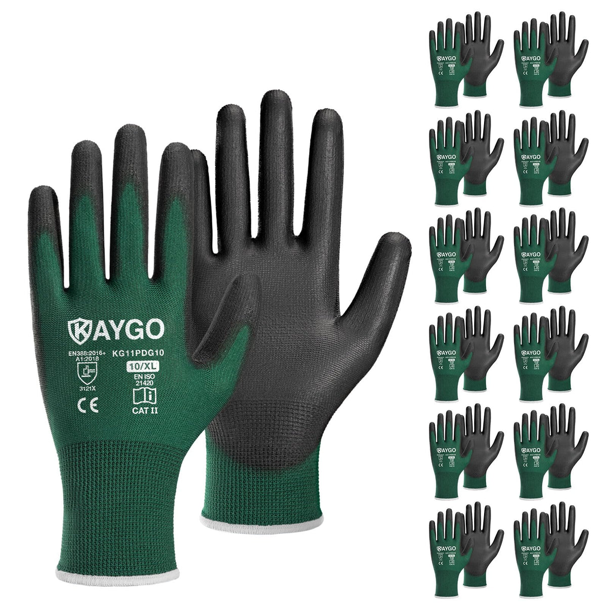 KAYGO Safety Work Gloves for Men Women, PU Coated Palm & Fingers, KG11P
