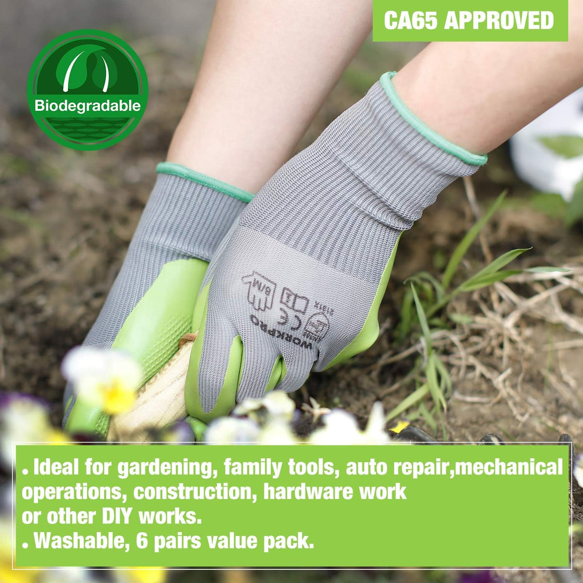 WORKPRO 6 Pairs Garden Gloves Men and Women with Eco Latex Palm Coated