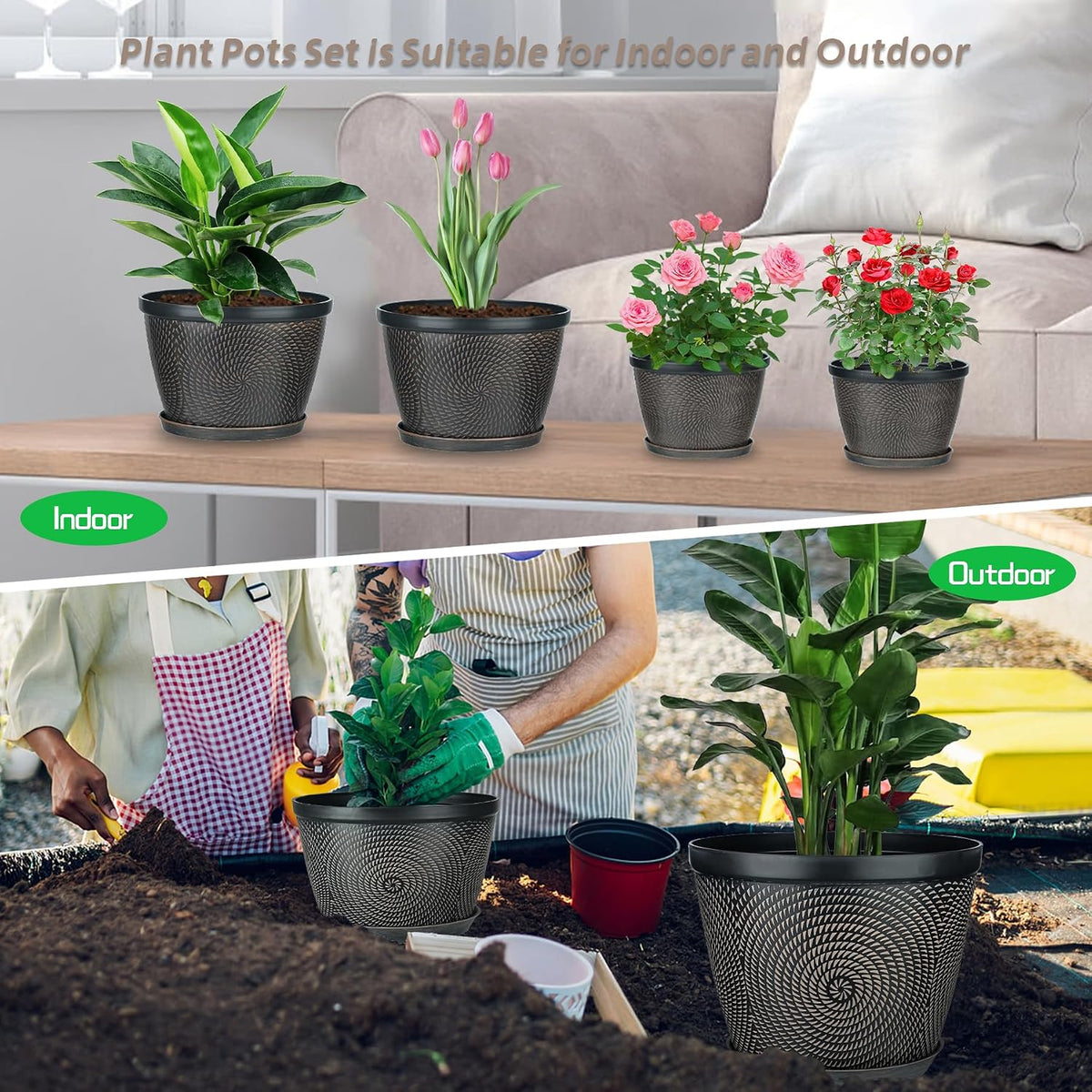 Quarut 4 Pack 8 Inch Flower Pots Planters for Outdoor Indoor