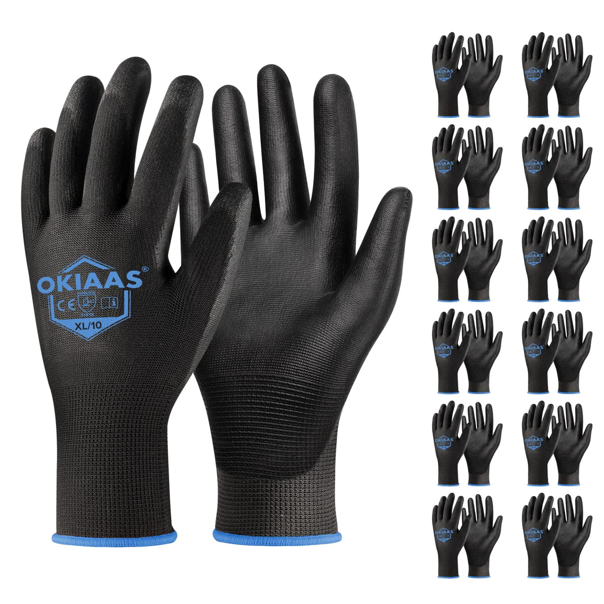 OKIAAS Men's Ultra-Thin and Lightweight Working Gloves with Grip, 12 Pairs, Black, Medium