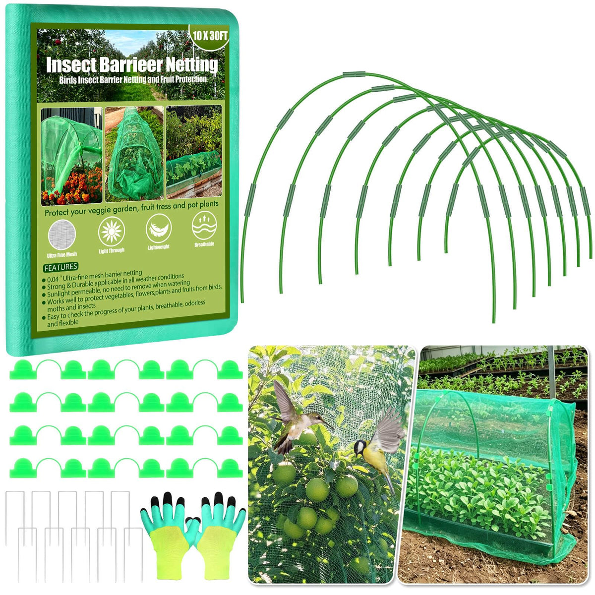 67pcs Garden Mesh Netting Kit, 6 Sets Wide Garden Hoops with Garden Covers