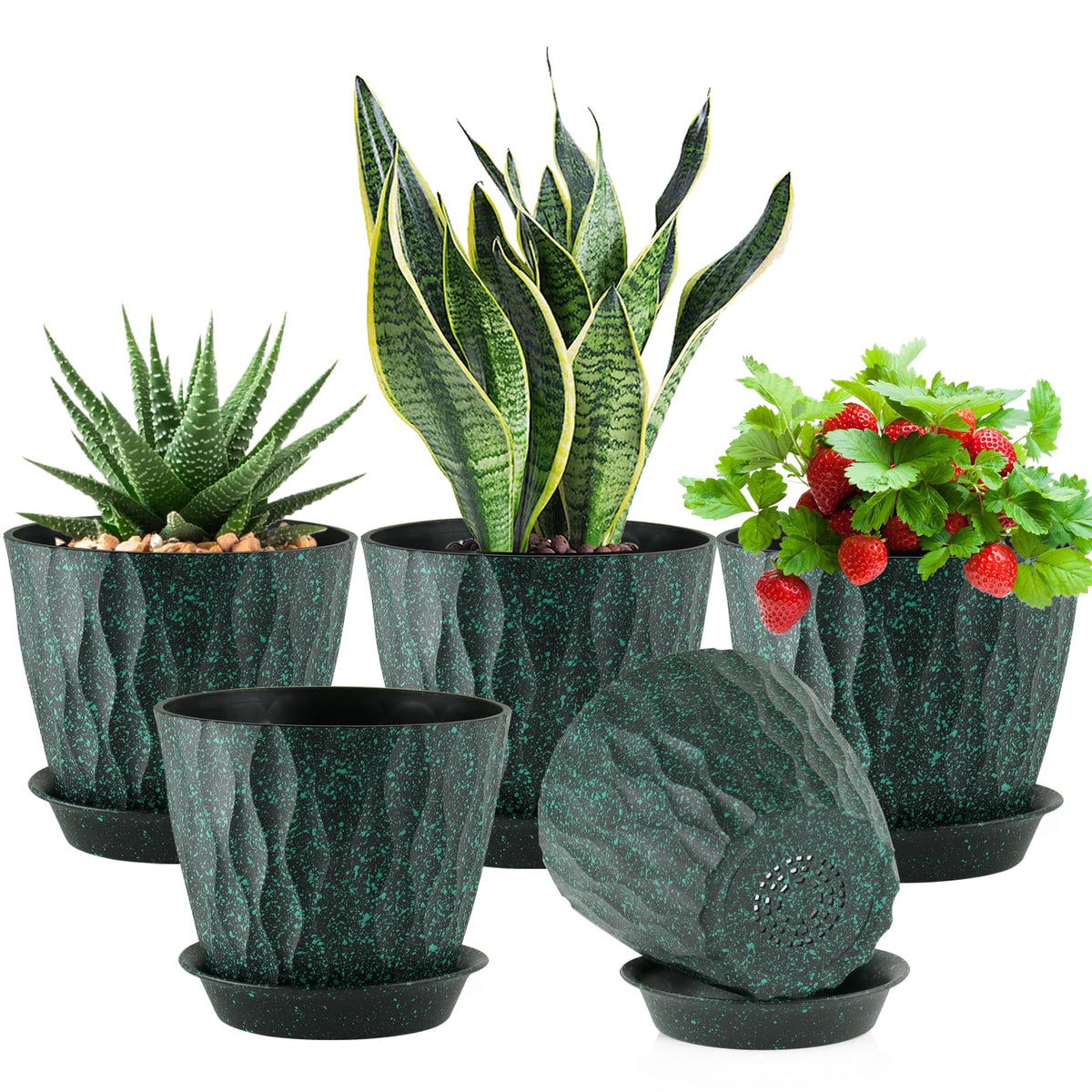 Meowell 7/6.5/6/5.5/5/4.5/4 inch Plant Pots for Indoor Outdoor Plants, 7 Pack Thick Flower Pots with Drainage Holes and Saucers, Modern Wave Texture Small Plastic Planters Nursery Pots, Multicolor