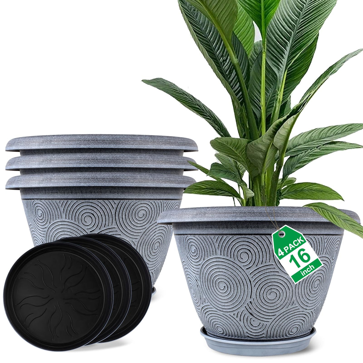 Fodetyff 8 Inch Flower Pots Planters for Indoor Outdoor Plants, 4 Pack Plastic Small Plant Pots with Drainage Hole & Tray, Modern Decorative Garden Pot with Saucer, Plant Container for House