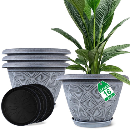 Fodetyff 8 Inch Flower Pots Planters for Indoor Outdoor Plants, 4 Pack Plastic Small Plant Pots with Drainage Hole & Tray, Modern Decorative Garden Pot with Saucer, Plant Container for House