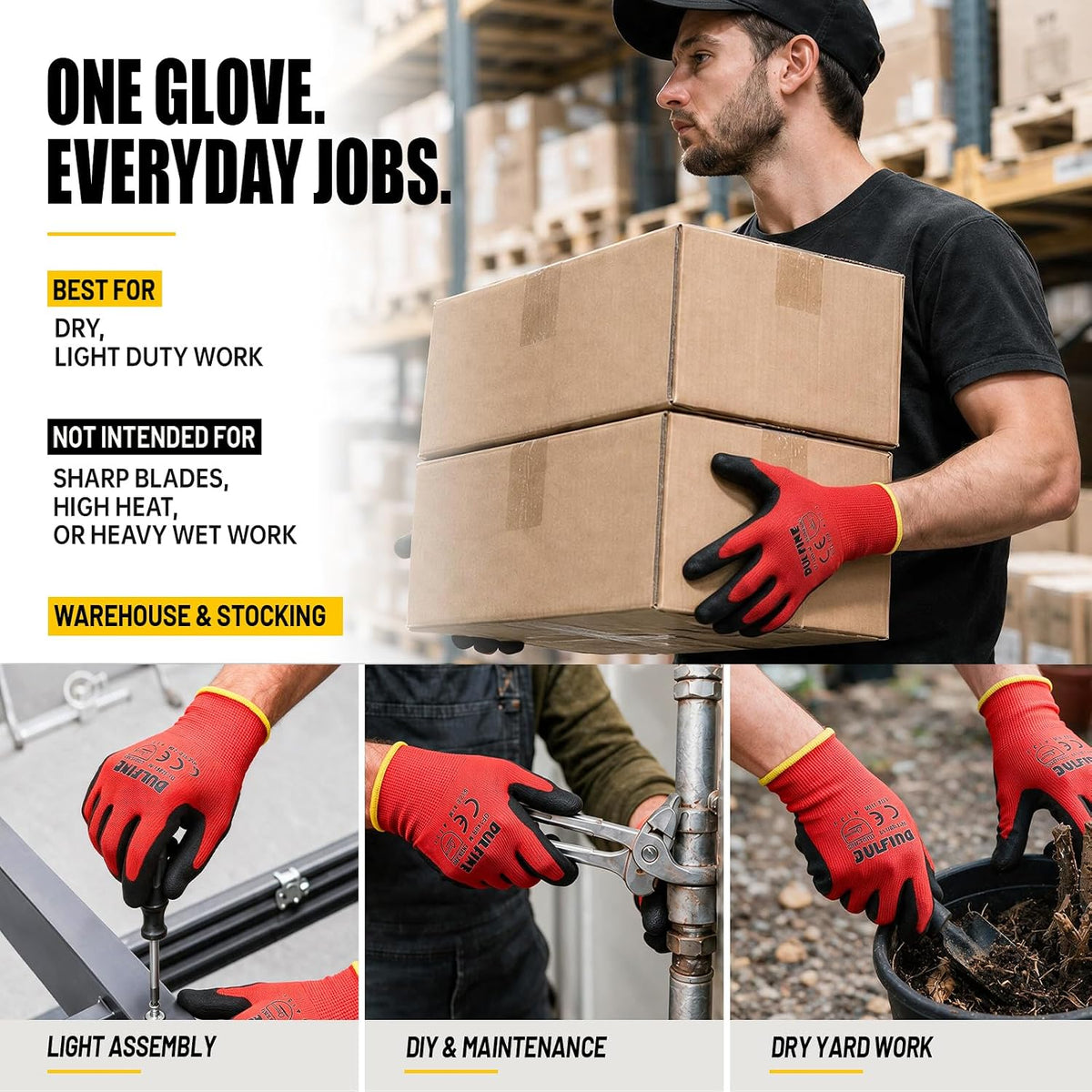 DULFINE Safety Work Gloves for Men & Women 12 Pairs, PU Coated Red L