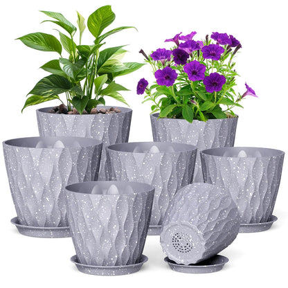 Meowell 7/6.5/6/5.5/5/4.5/4 inch Plant Pots for Indoor Outdoor Plants, 7 Pack Thick Flower Pots with Drainage Holes and Saucers, Modern Wave Texture Small Plastic Planters Nursery Pots, Multicolor