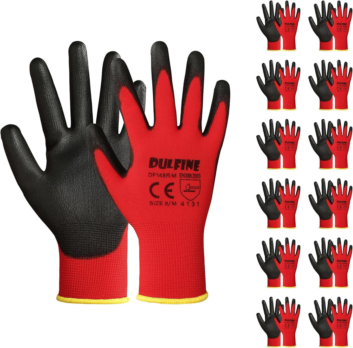 DULFINE Safety Work Gloves for Men & Women 12 Pairs, PU Coated Red L