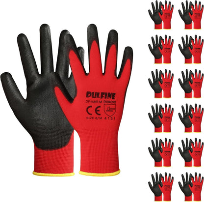DULFINE Safety Work Gloves for Men & Women 12 Pairs, PU Coated Red L