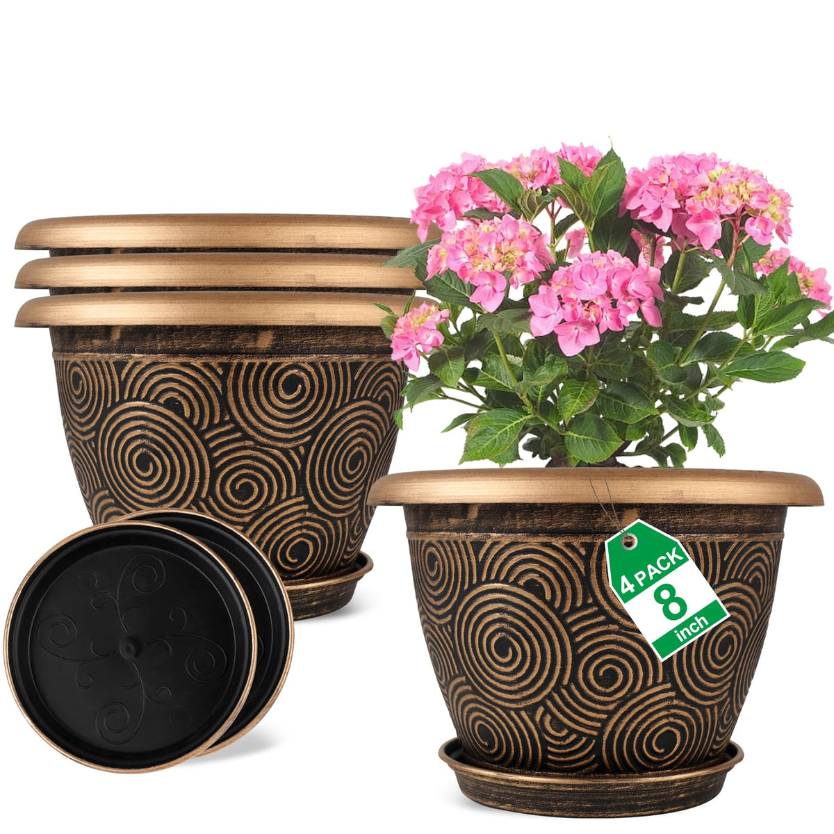 Fodetyff 8 Inch Flower Pots Planters for Indoor Outdoor Plants, 4 Pack Plastic Small Plant Pots with Drainage Hole & Tray, Modern Decorative Garden Pot with Saucer, Plant Container for House