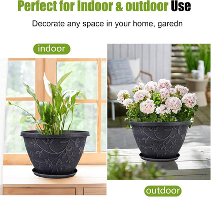 Nooulap 4 Pack 10 Inch Flower Pots, Plastic Outdoor Planters, Gray