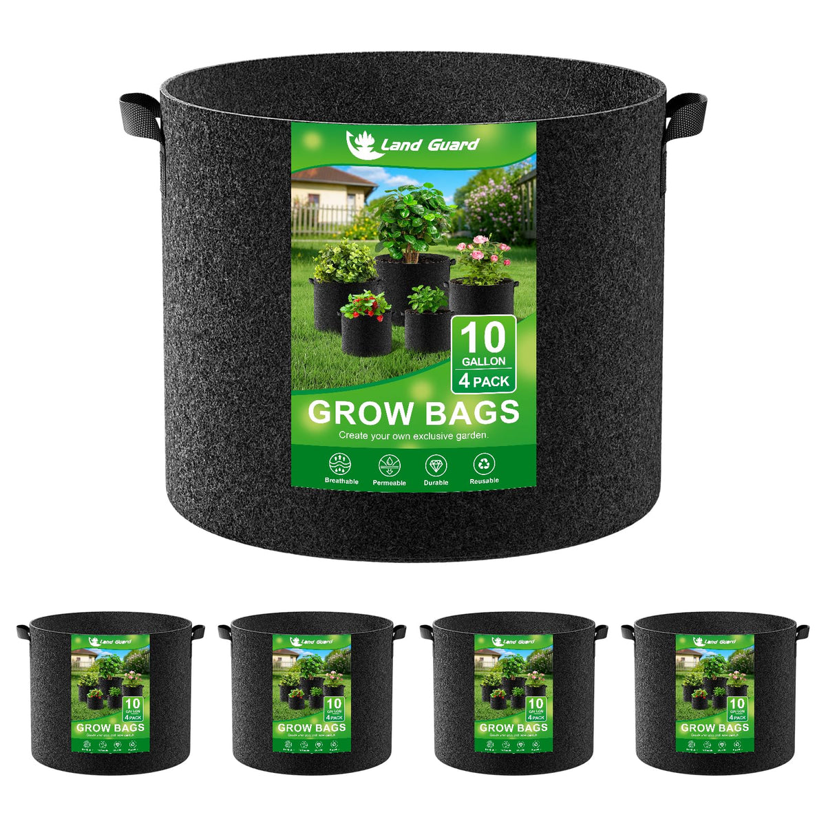 Land Guard 4-Pack Fabric Grow Bags 5 Gallon, Thickened Nonwoven Garden Pots, Growing Bags with Handles, Black