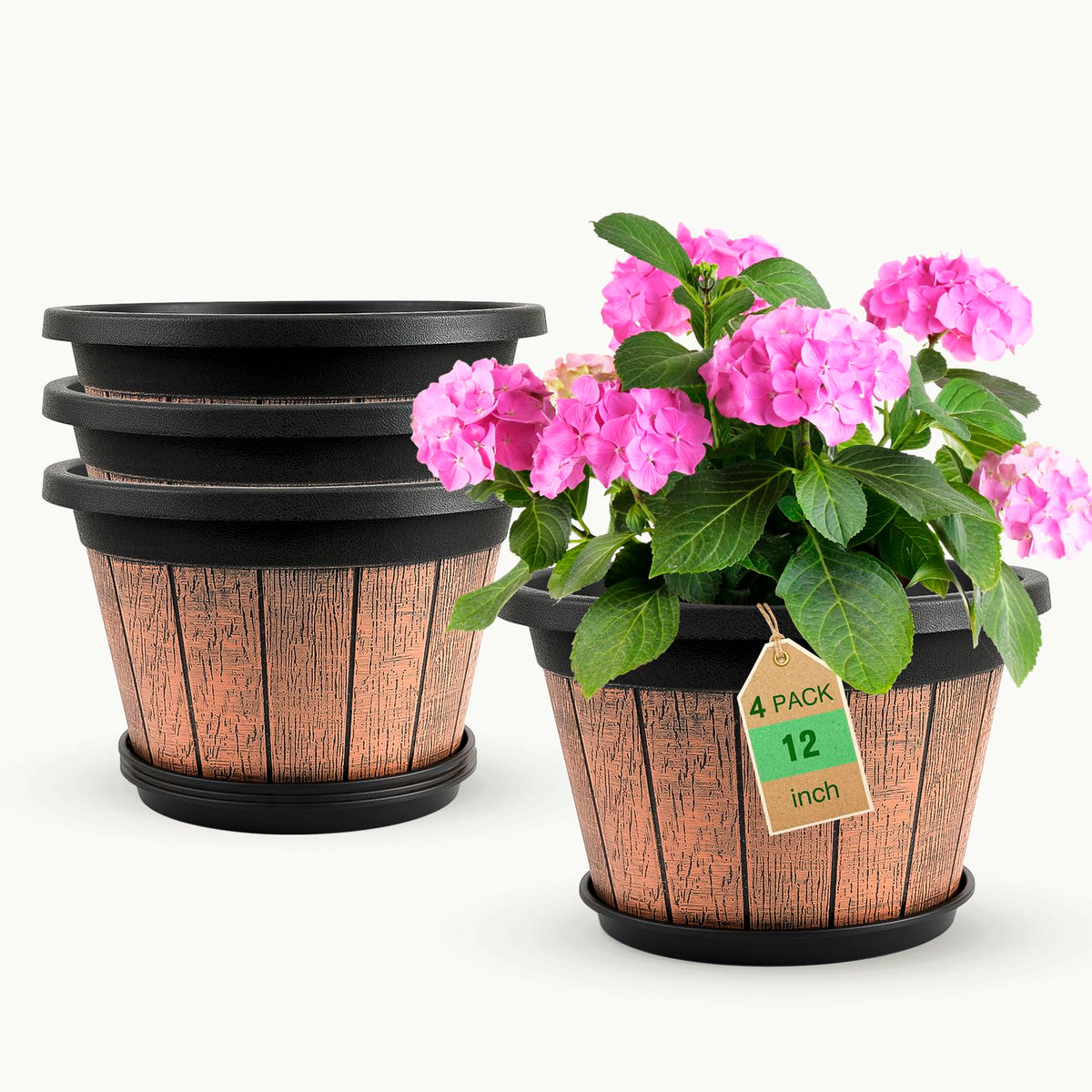 Quarut 4 Pack 10 inch Plant Pots,Whiskey Barrel Planters for Indoor Outdoor