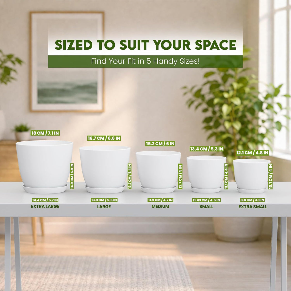 Plant Pots Indoor with Drainage, 5 Pack Multi-Size Planters Set, White