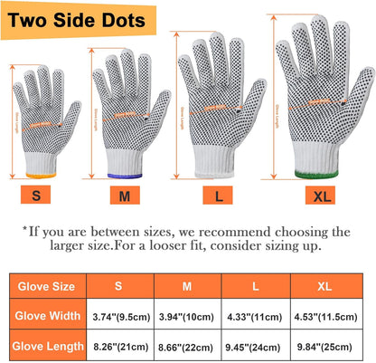 Evridwear Cotton Polyester String Knit Shell Safety Protection Work Gloves for Painter Mechanic Industrial Warehouse Gardening Construction Men & Women 12 Pairs, With Two Side dots, L Size