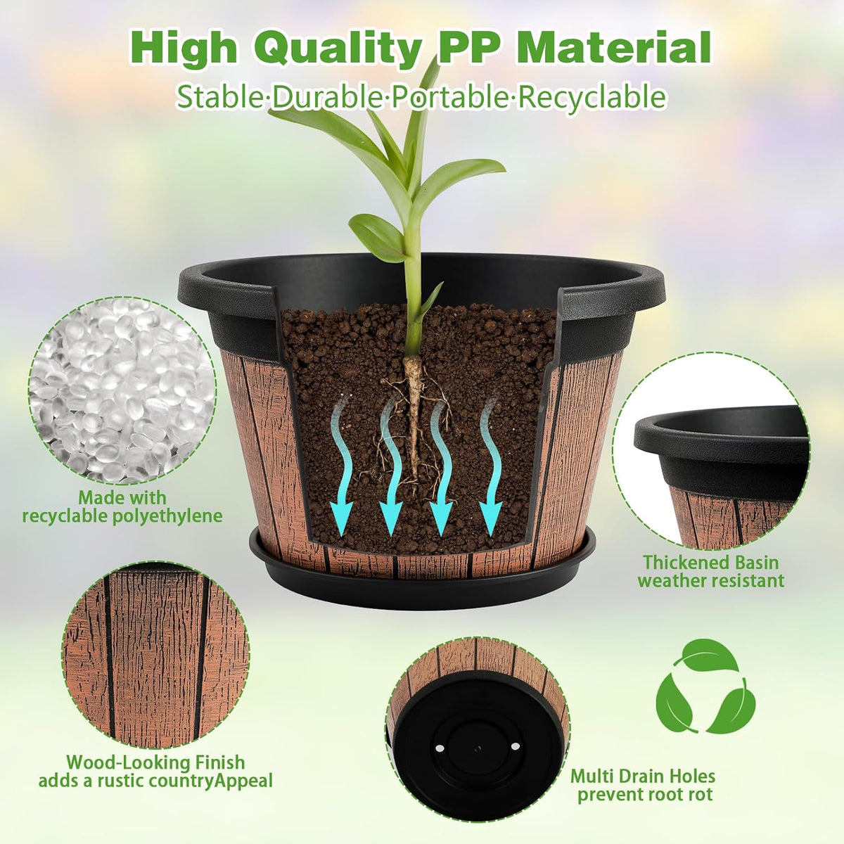 Quarut 4 Pack 10 inch Plant Pots,Whiskey Barrel Planters for Indoor Outdoor