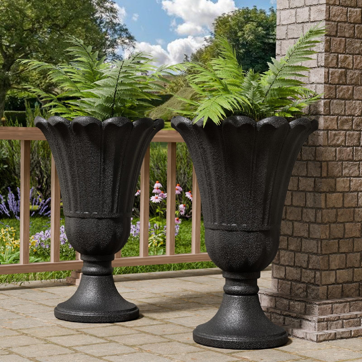 Tall Plastic Urn Planters and Pedestal - 24" Outdoor Planter Beige