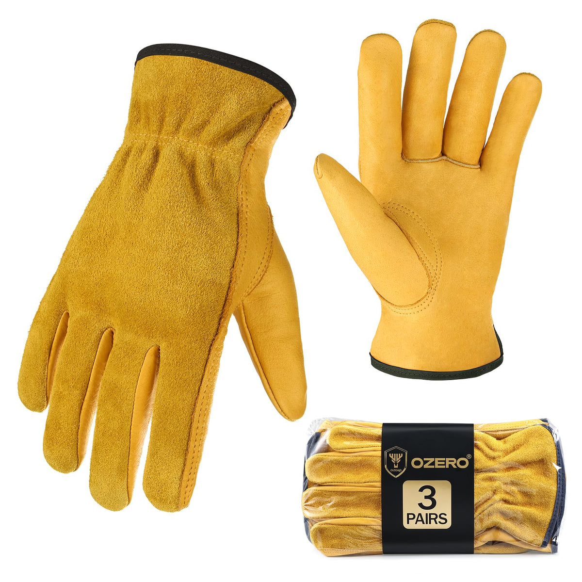 OZERO Leather Work Gloves Flex Grip Tough Cowhide Gardening Glove for Wood Cutting/Construction/Driving/Garden for Men and Women 1 Pair (Gold,Large)