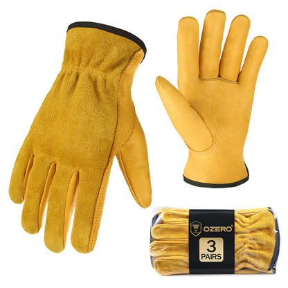 OZERO Leather Work Gloves Flex Grip Tough Cowhide Gardening Glove for Wood Cutting/Construction/Driving/Garden for Men and Women 1 Pair (Gold,Large)