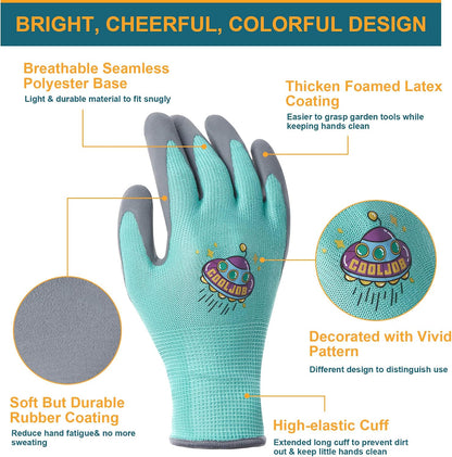 COOLJOB 3 Pairs Kids Gardening Gloves for Age 3-5, Children Grippy Rubber Coated Garden Work Gloves, Orange & Green & Yellow, Small Size (3 Pairs S)