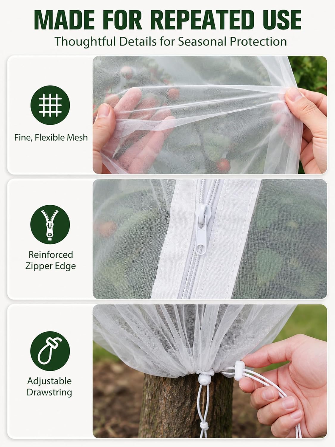 Garden Bird Netting for Insects, 2 Pack 6.5X5.7FT, Fruit Tree Netting with Zipper & Drawstring, Ultra Dense Mesh Plant Covers for Blueberry Tomato Cherry Peach Apple Trees Pest Barrier (6.5X5.7FT)
