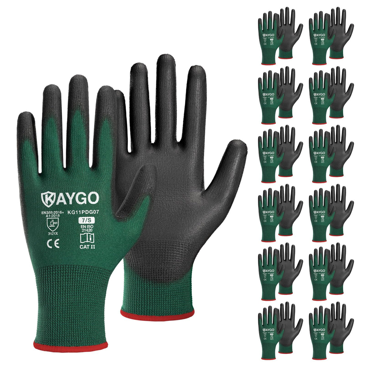 KAYGO Safety Work Gloves for Men Women, PU Coated Palm & Fingers, KG11P