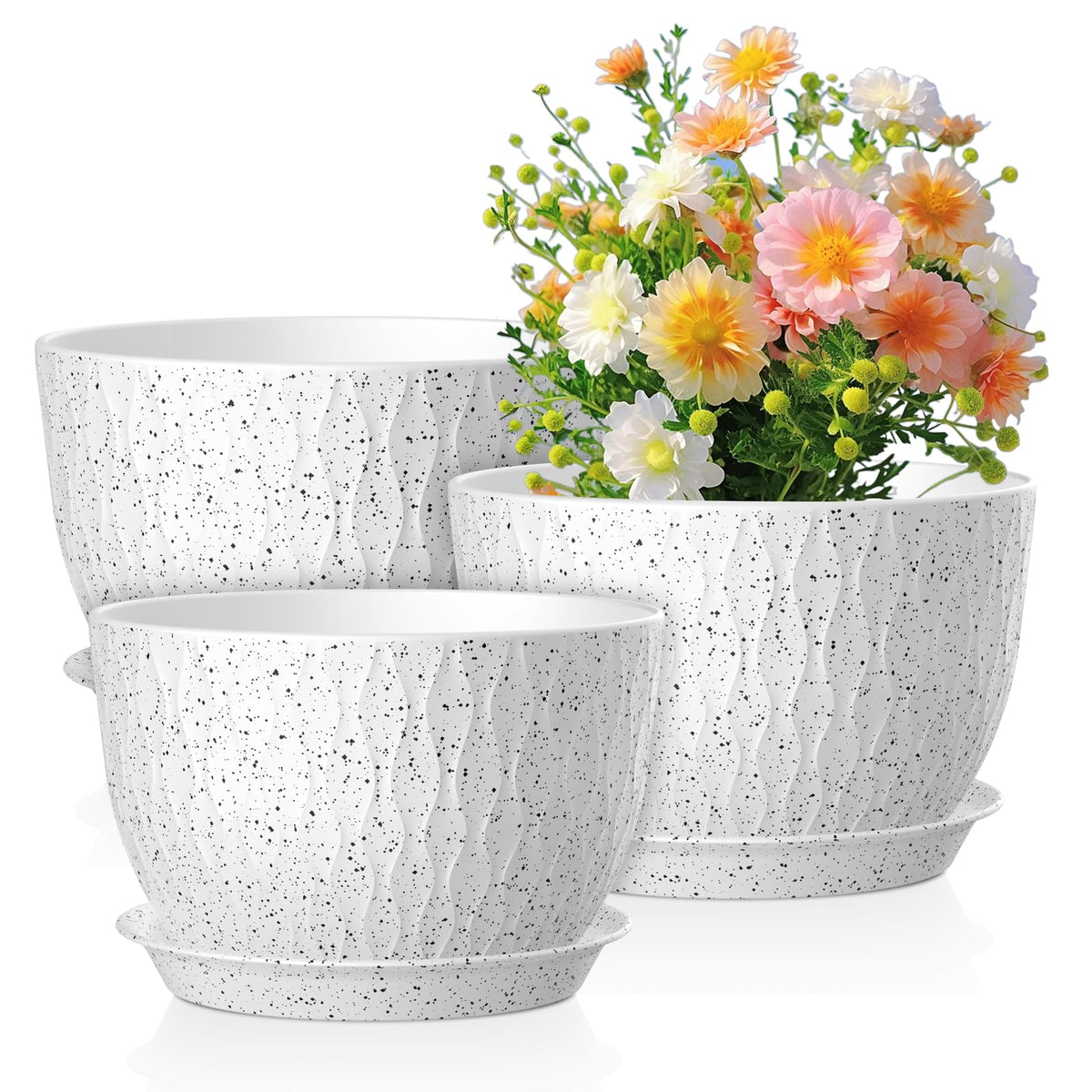 Meowell 12/10/9 inch Large Plant Pots, 3 Pack Wide Flower Pots for Outdoor Indoor Plants with Water Ripples, Big Plastic Planters with Drainage Holes and Saucers for Garden House Plants, White